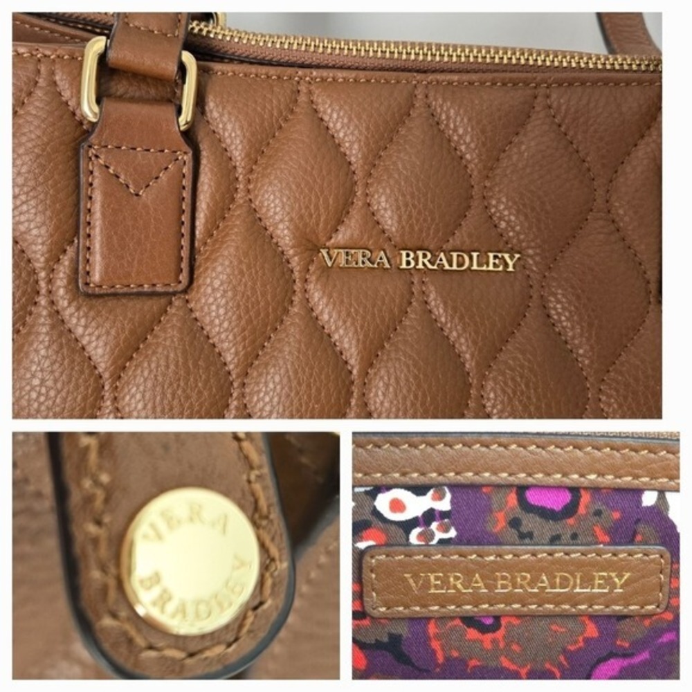 Vera Bradley Tan Brown Pebbled Leather Quilted Nora Tote Handbag - Picture 9 of 9